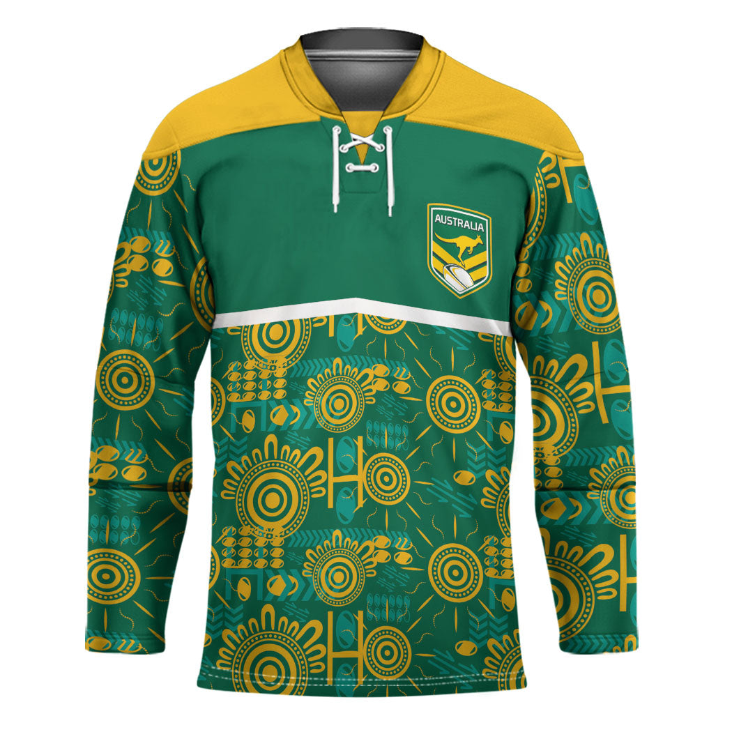 Australia Rugby Kangaroo Hockey Jersey Green Gold Aboriginal Dot Geometry