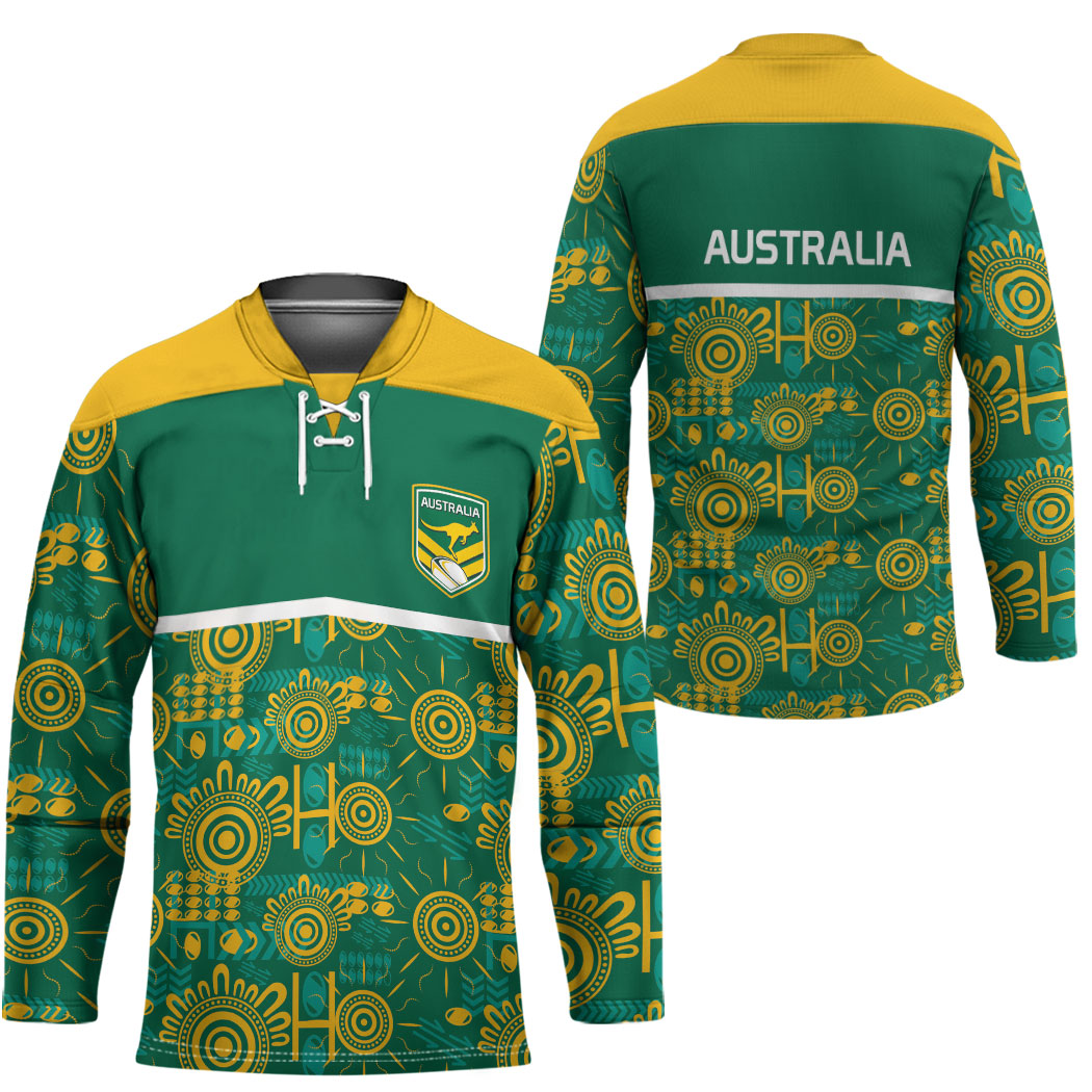 Australia Rugby Kangaroo Hockey Jersey Green Gold Aboriginal Dot Geometry