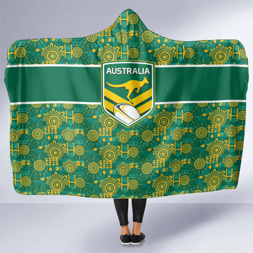 Australia Rugby Kangaroo Hooded Blanket Green Gold Aboriginal Dot Geometry