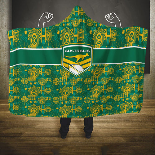 Australia Rugby Kangaroo Hooded Blanket Green Gold Aboriginal Dot Geometry