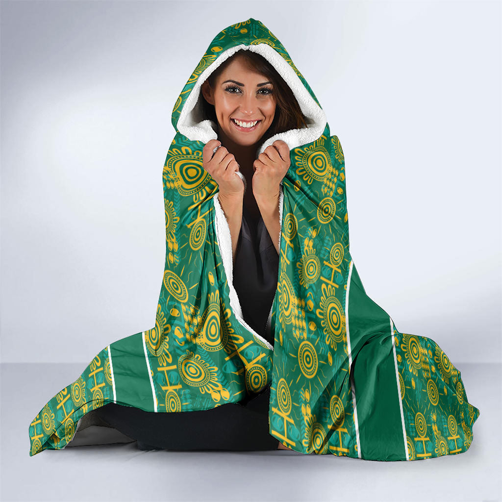 Australia Rugby Kangaroo Hooded Blanket Green Gold Aboriginal Dot Geometry