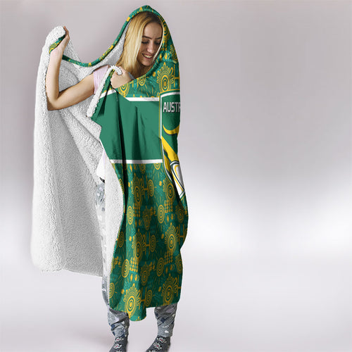 Australia Rugby Kangaroo Hooded Blanket Green Gold Aboriginal Dot Geometry