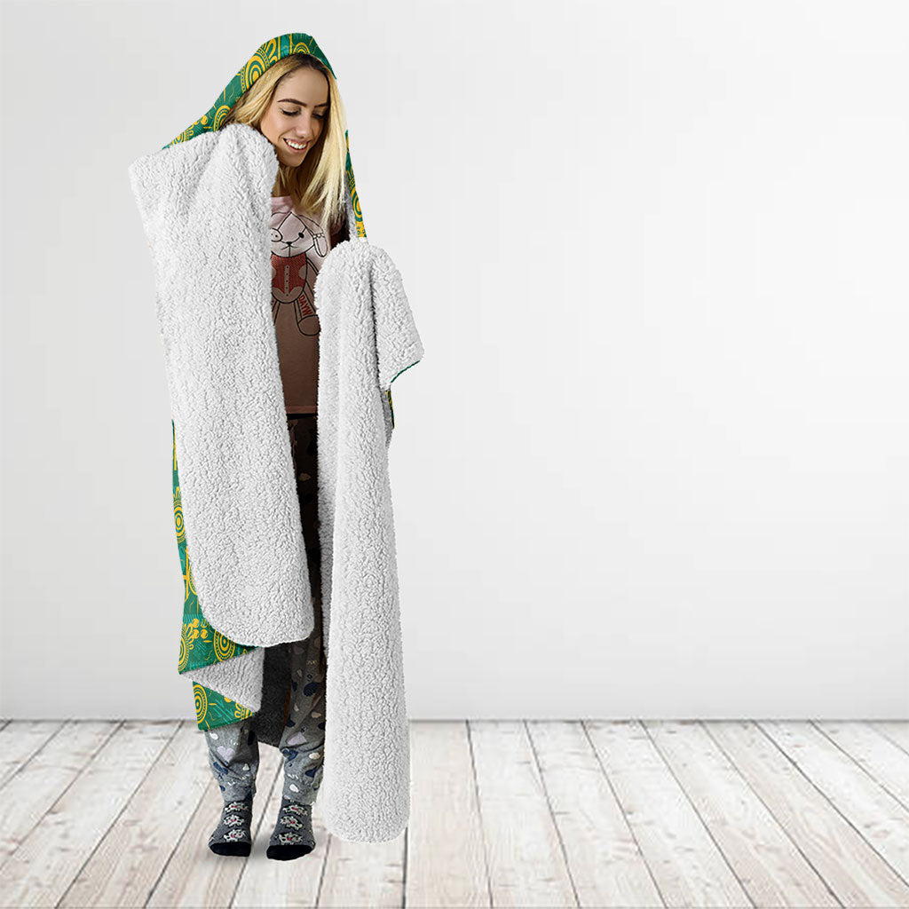 Australia Rugby Kangaroo Hooded Blanket Green Gold Aboriginal Dot Geometry