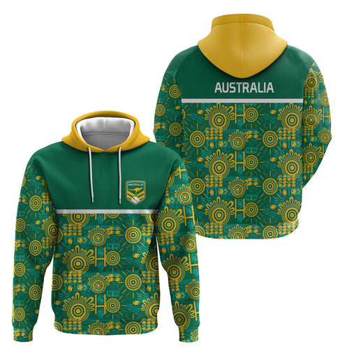 Australia Rugby Kangaroo Hoodie Green Gold Aboriginal Dot Geometry