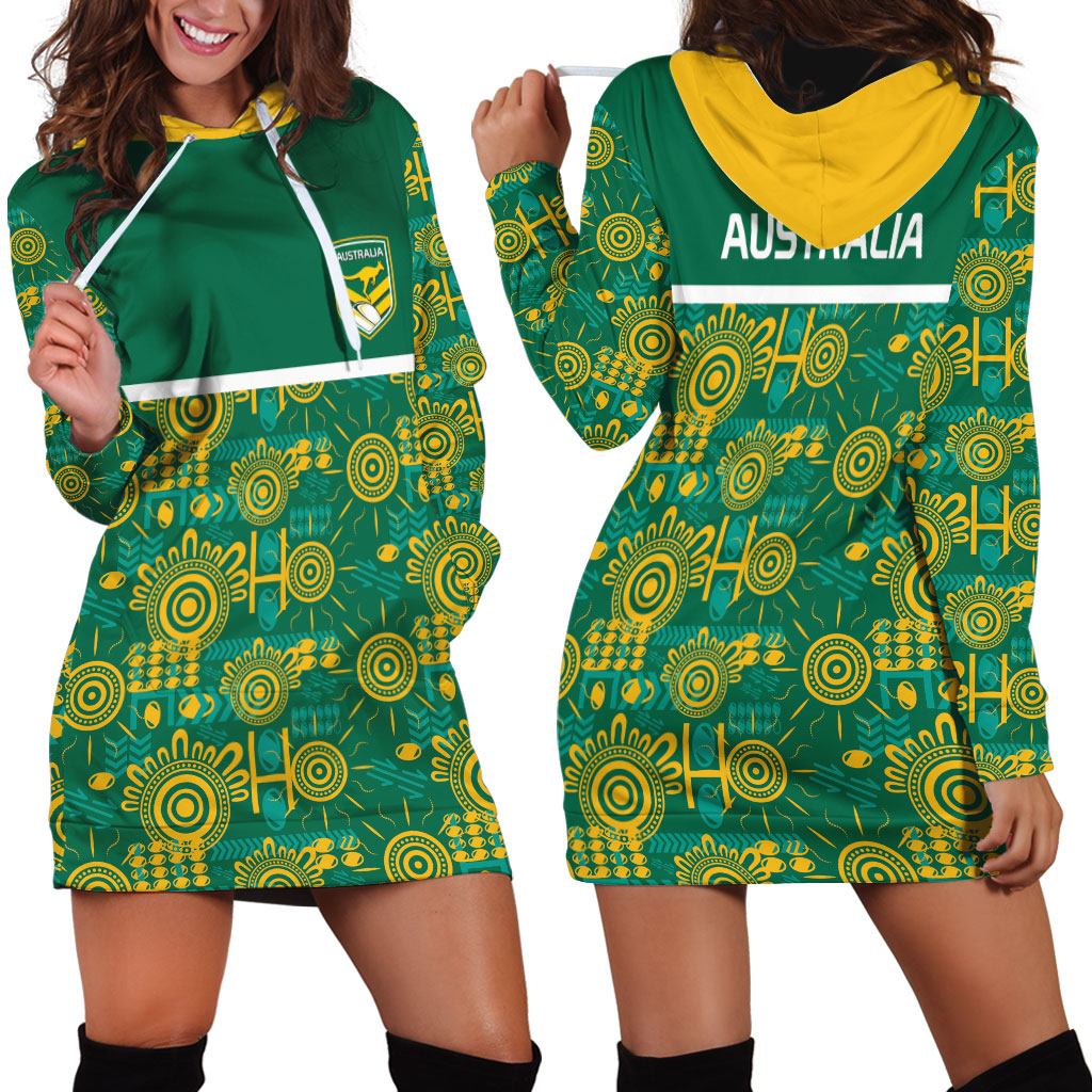 Australia Rugby Kangaroo Hoodie Dress Green Gold Aboriginal Dot Geometry