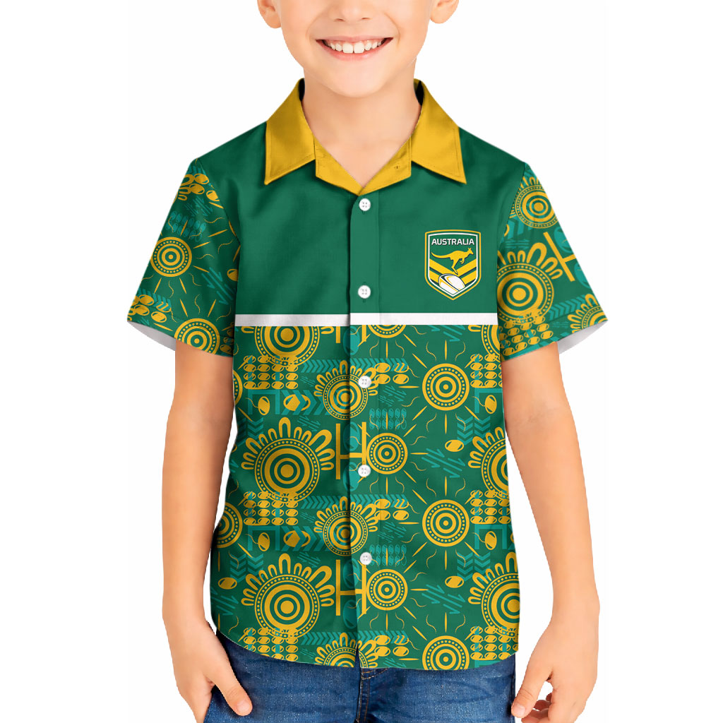 Australia Rugby Kangaroo Kid Hawaiian Shirt Green Gold Aboriginal Dot Geometry