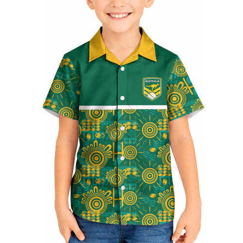 Australia Rugby Kangaroo Kid Hawaiian Shirt Green Gold Aboriginal Dot Geometry