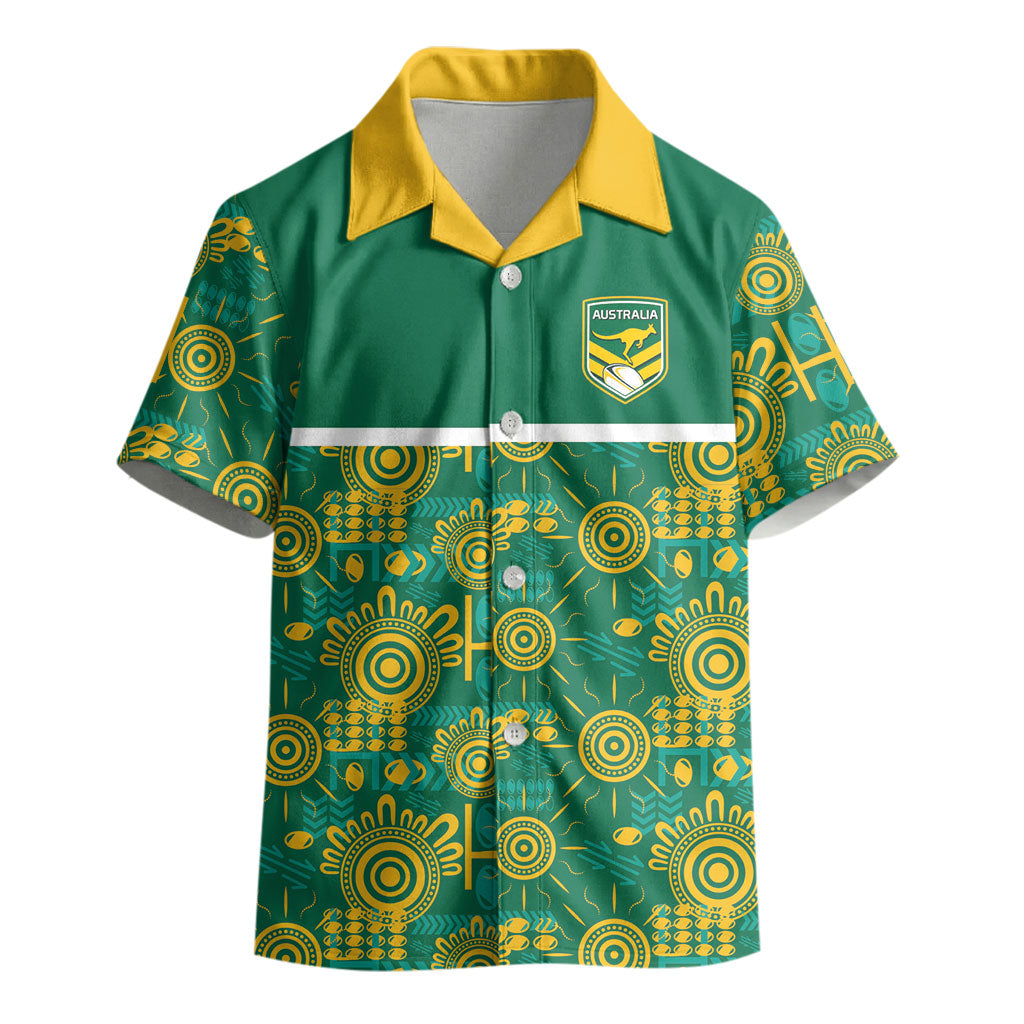 Australia Rugby Kangaroo Kid Hawaiian Shirt Green Gold Aboriginal Dot Geometry