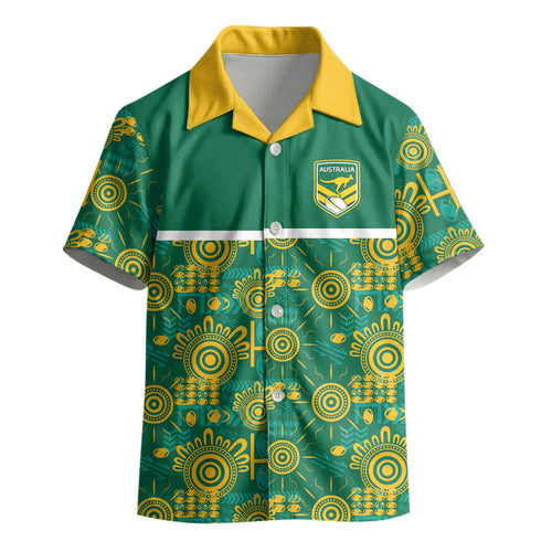Australia Rugby Kangaroo Kid Hawaiian Shirt Green Gold Aboriginal Dot Geometry