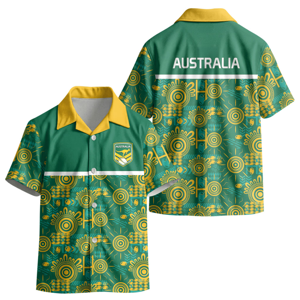 Australia Rugby Kangaroo Kid Hawaiian Shirt Green Gold Aboriginal Dot Geometry