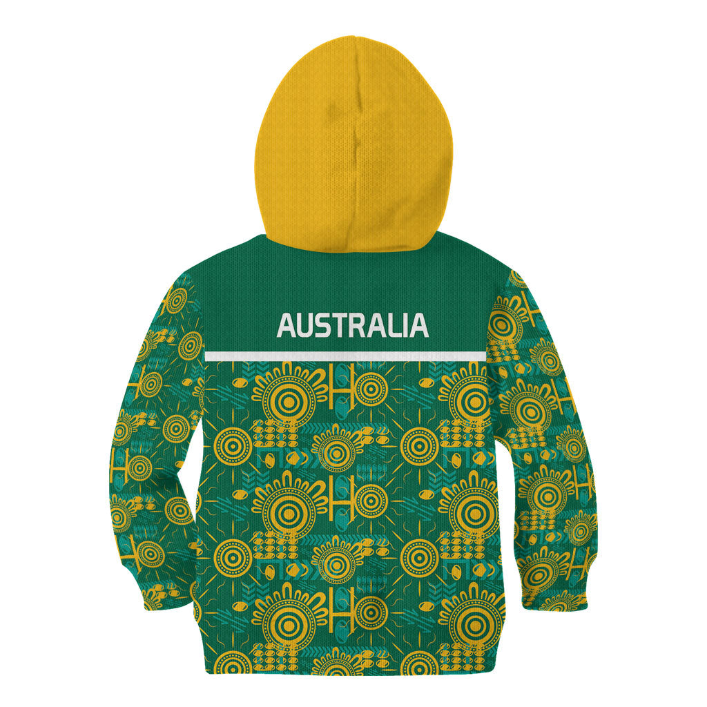 Australia Rugby Kangaroo Kid Hoodie Green Gold Aboriginal Dot Geometry