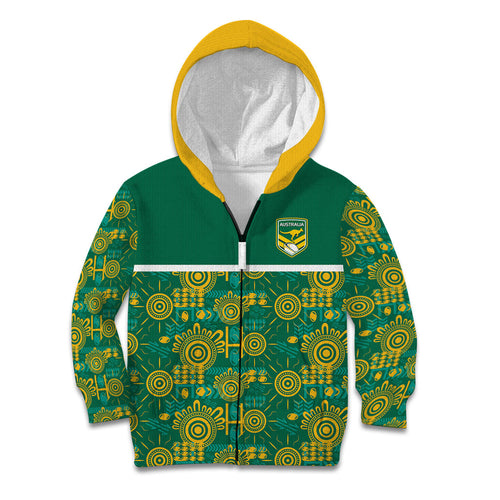 Australia Rugby Kangaroo Kid Hoodie Green Gold Aboriginal Dot Geometry