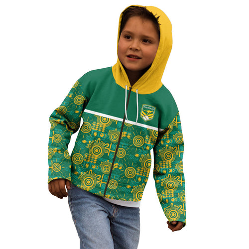 Australia Rugby Kangaroo Kid Hoodie Green Gold Aboriginal Dot Geometry