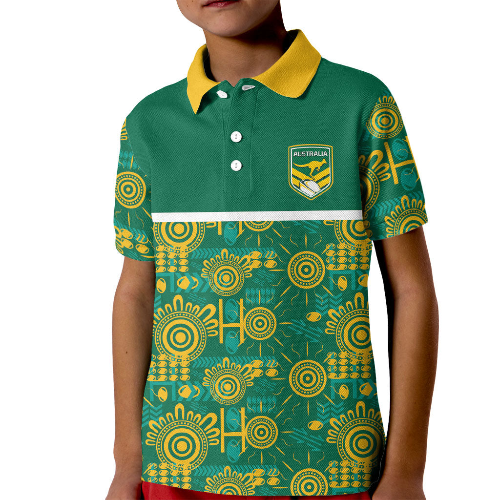 Australia Rugby Kangaroo Kid Polo Shirt Green Gold Aboriginal Dot Geometry