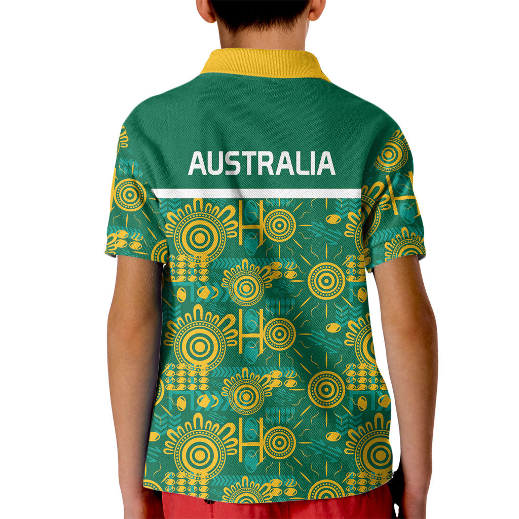 Australia Rugby Kangaroo Kid Polo Shirt Green Gold Aboriginal Dot Geometry