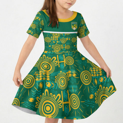 Australia Rugby Kangaroo Kid Short Sleeve Dress Green Gold Aboriginal Dot Geometry