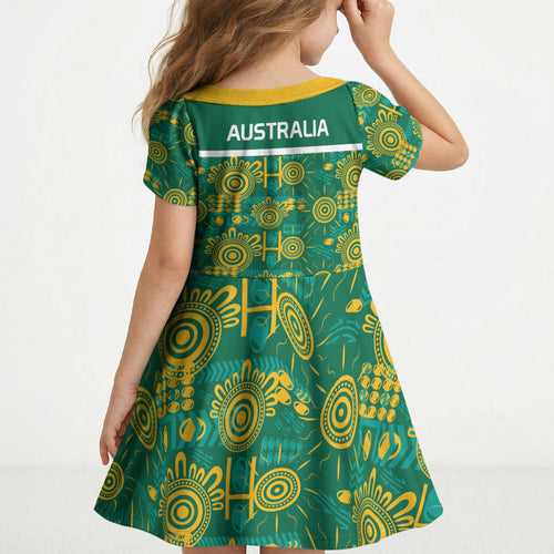 Australia Rugby Kangaroo Kid Short Sleeve Dress Green Gold Aboriginal Dot Geometry