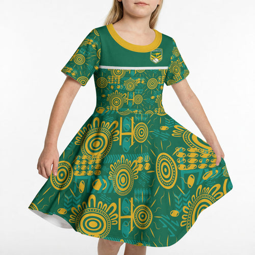 Australia Rugby Kangaroo Kid Short Sleeve Dress Green Gold Aboriginal Dot Geometry
