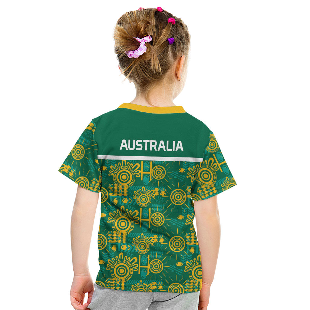 Australia Rugby Kangaroo Kid T Shirt Green Gold Aboriginal Dot Geometry