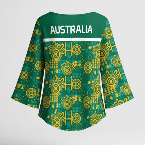 Australia Rugby Kangaroo Kimono Sleeve Blouse Green Gold Aboriginal Dot Geometry