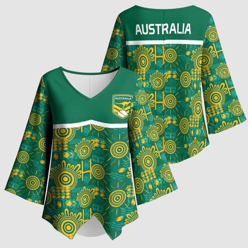 Australia Rugby Kangaroo Kimono Sleeve Blouse Green Gold Aboriginal Dot Geometry
