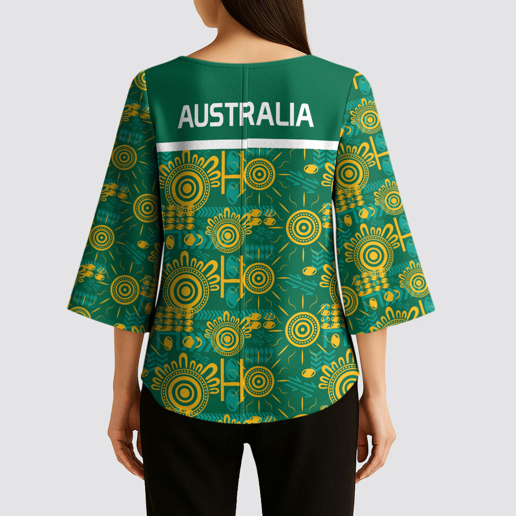Australia Rugby Kangaroo Kimono Sleeve Blouse Green Gold Aboriginal Dot Geometry