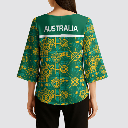 Australia Rugby Kangaroo Kimono Sleeve Blouse Green Gold Aboriginal Dot Geometry
