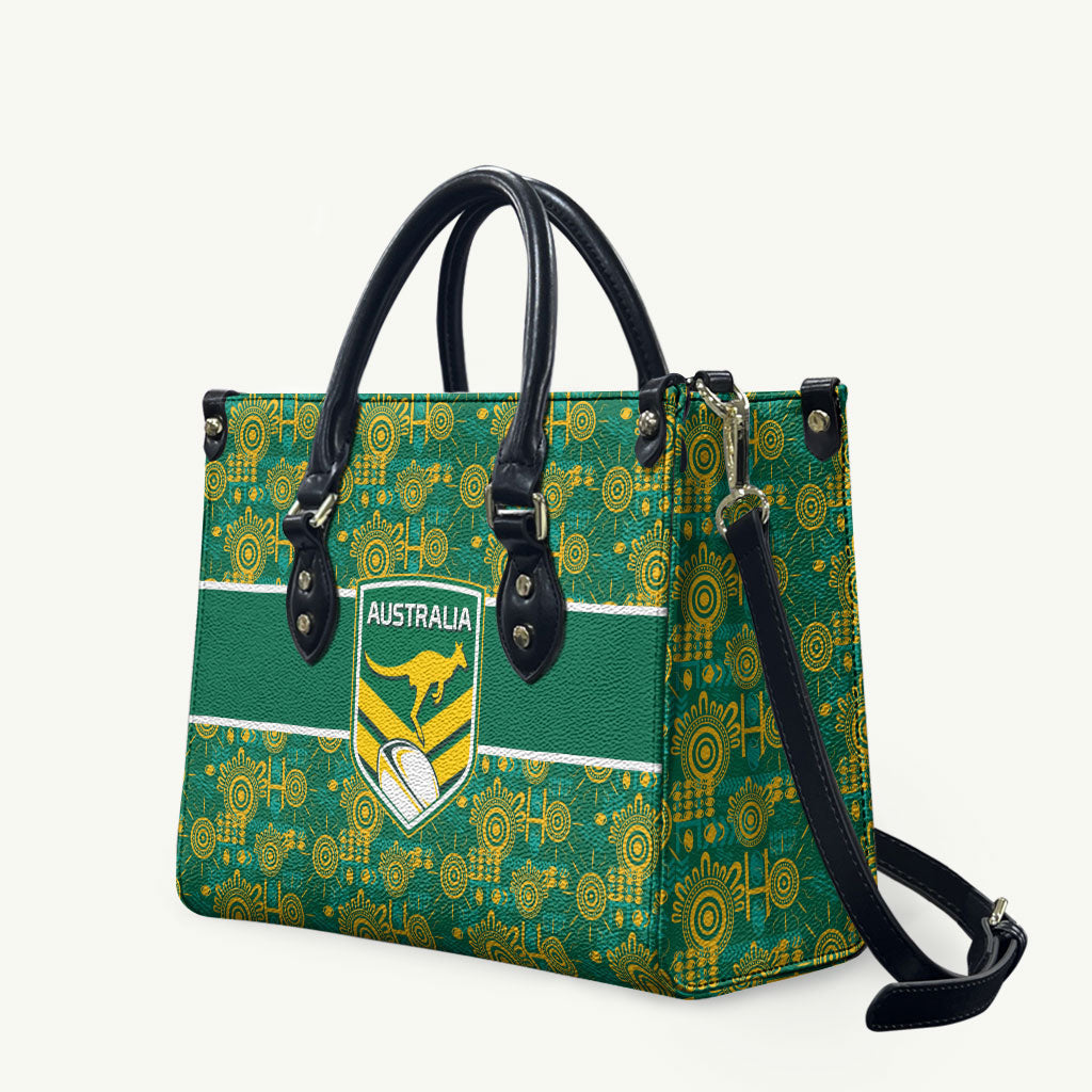 Australia Rugby Kangaroo Leather Bag Green Gold Aboriginal Dot Geometry