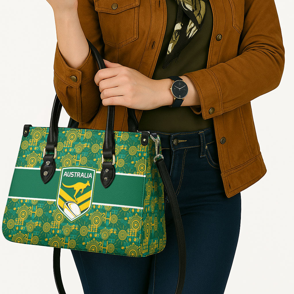 Australia Rugby Kangaroo Leather Bag Green Gold Aboriginal Dot Geometry