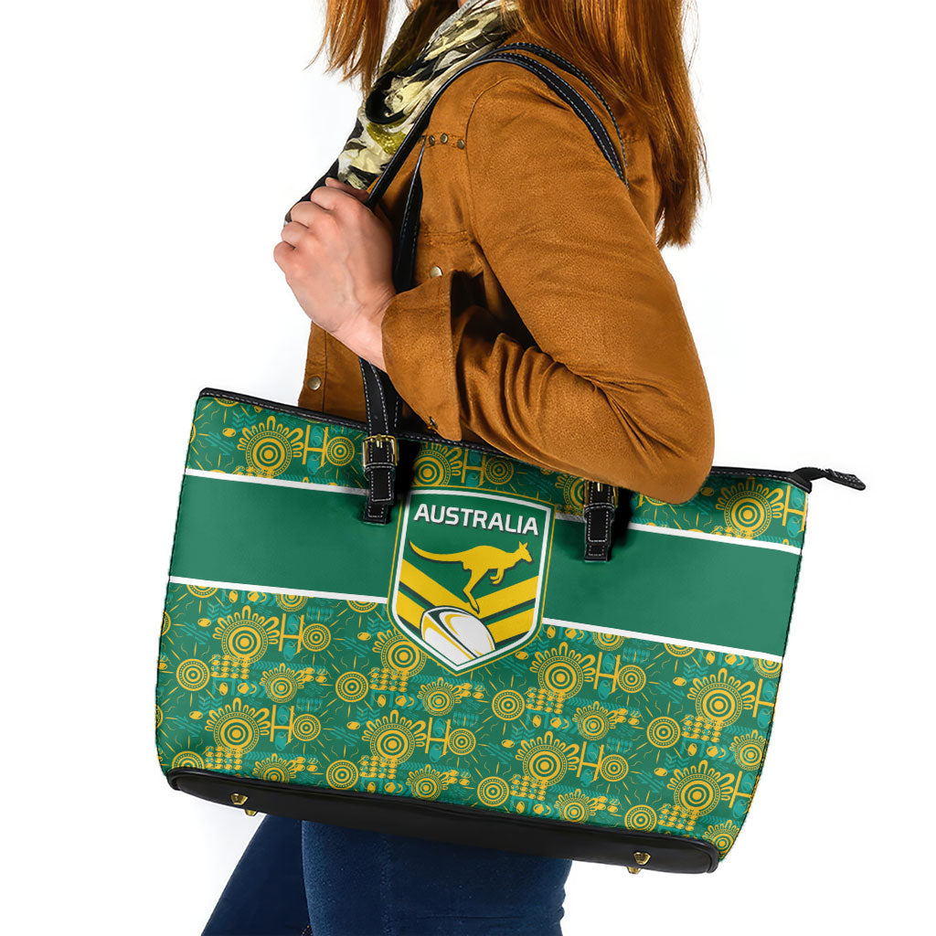 Australia Rugby Kangaroo Leather Tote Bag Green Gold Aboriginal Dot Geometry