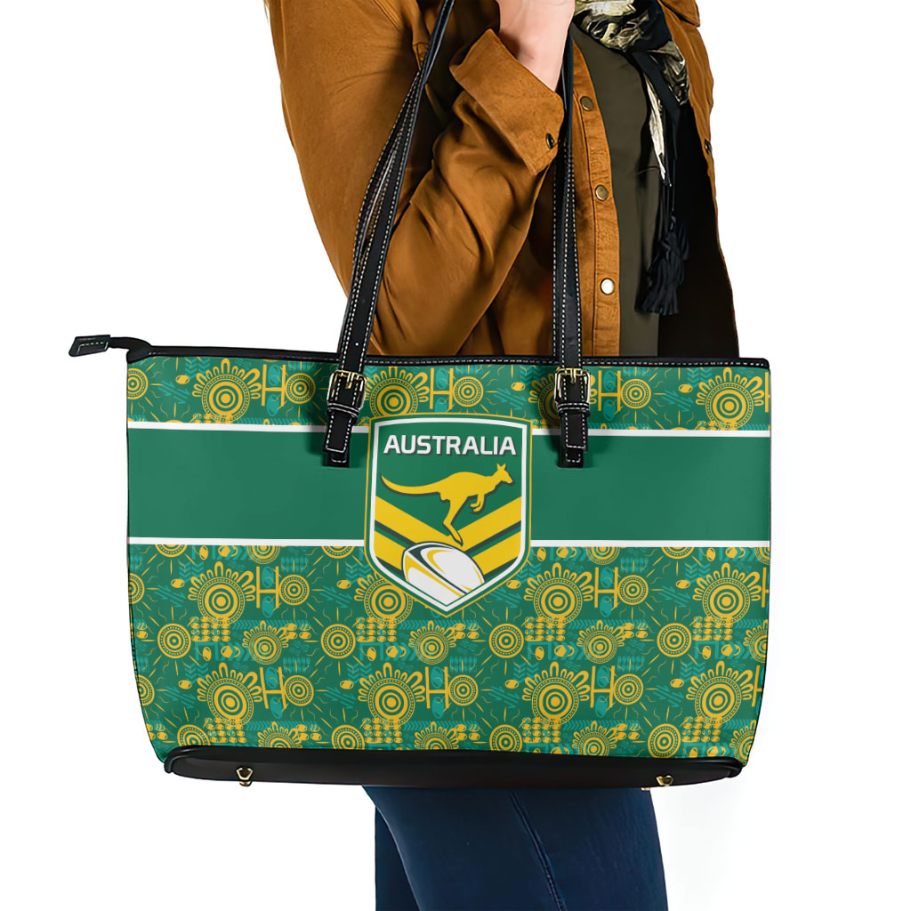 Australia Rugby Kangaroo Leather Tote Bag Green Gold Aboriginal Dot Geometry