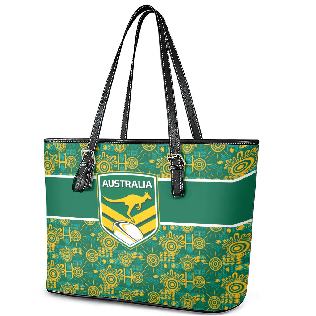 Australia Rugby Kangaroo Leather Tote Bag Green Gold Aboriginal Dot Geometry