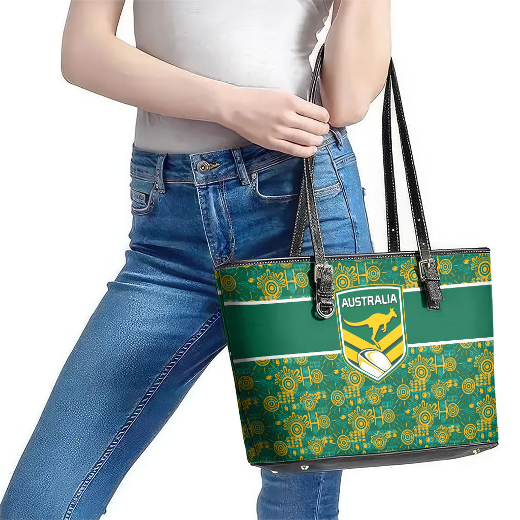Australia Rugby Kangaroo Leather Tote Bag Green Gold Aboriginal Dot Geometry