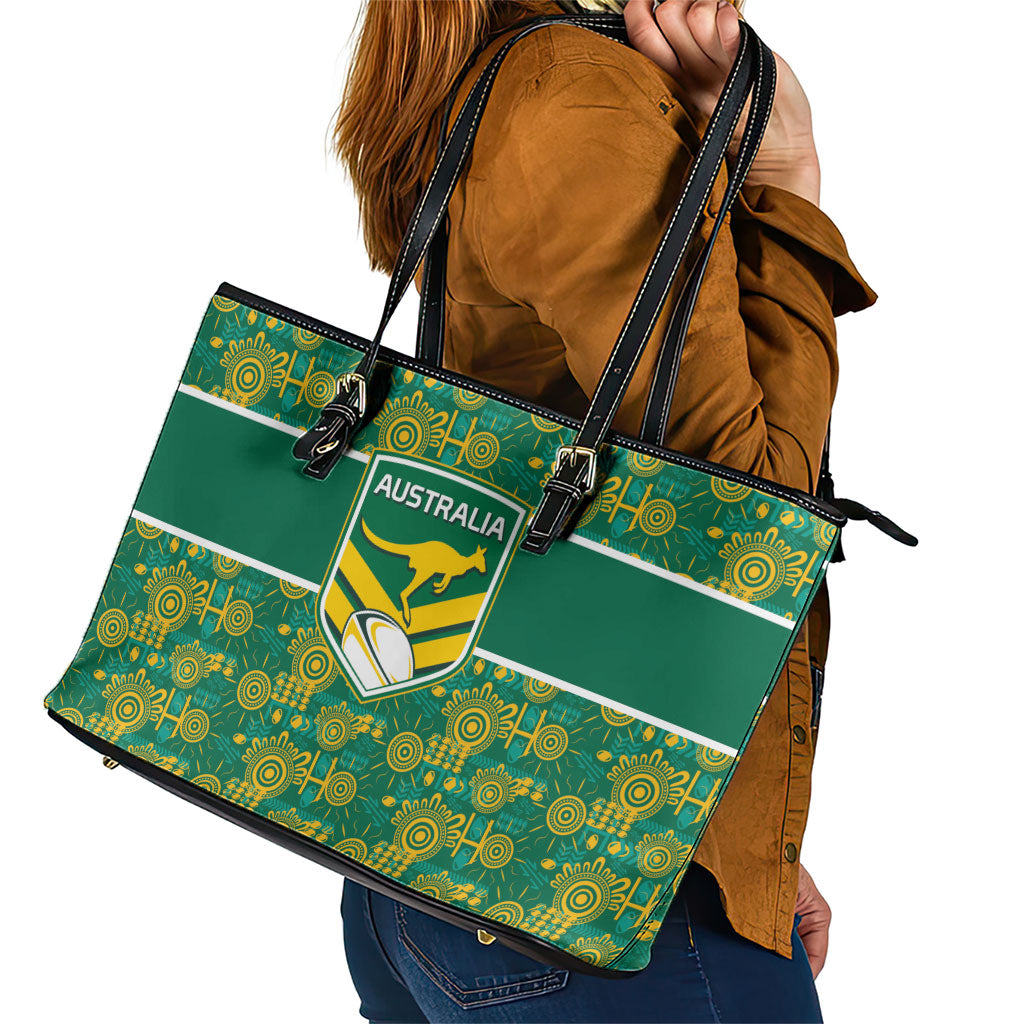 Australia Rugby Kangaroo Leather Tote Bag Green Gold Aboriginal Dot Geometry