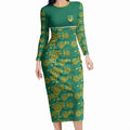 Australia Rugby Kangaroo Long Sleeve Bodycon Dress Green Gold Aboriginal Dot Geometry