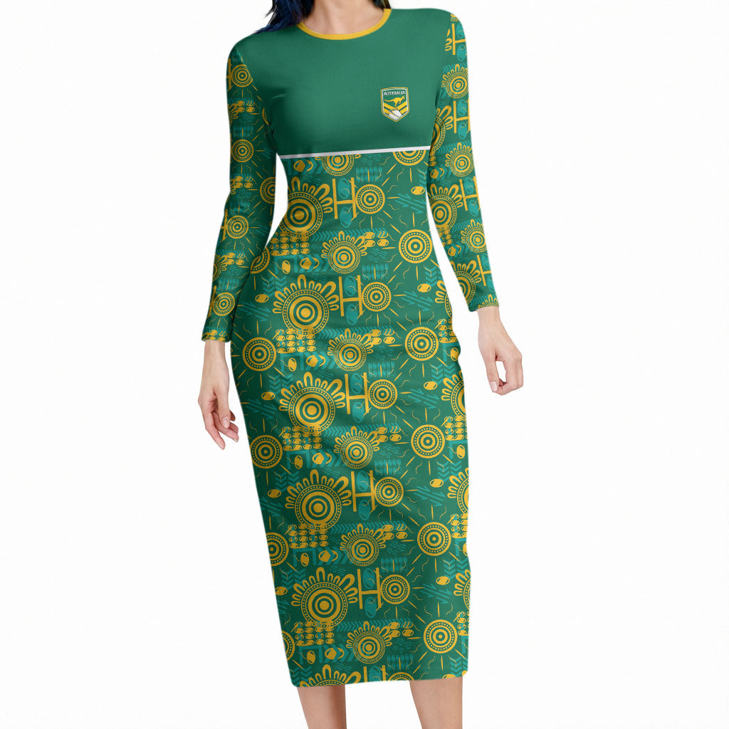 Australia Rugby Kangaroo Long Sleeve Bodycon Dress Green Gold Aboriginal Dot Geometry