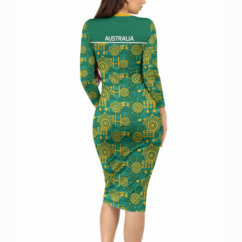 Australia Rugby Kangaroo Long Sleeve Bodycon Dress Green Gold Aboriginal Dot Geometry