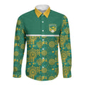 Australia Rugby Kangaroo Long Sleeve Button Shirt Green Gold Aboriginal Dot Geometry