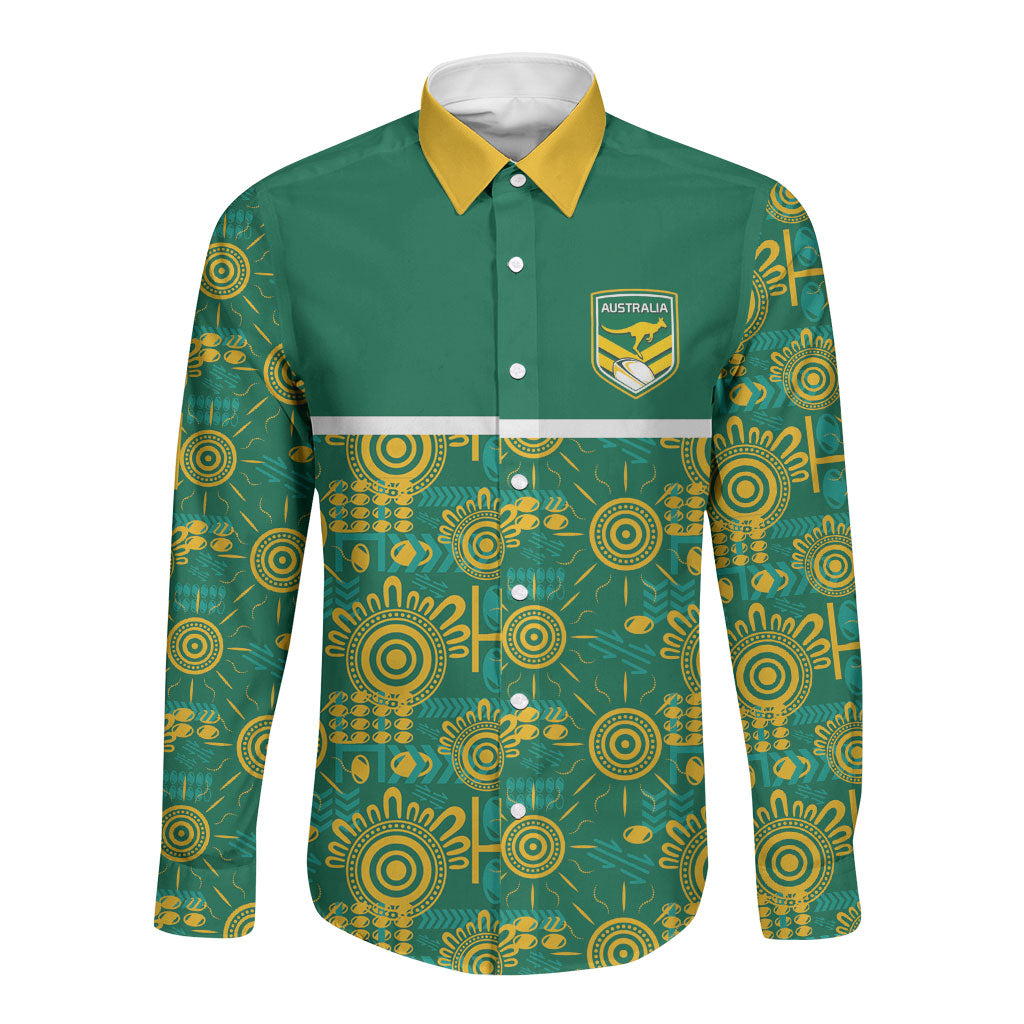 Australia Rugby Kangaroo Long Sleeve Button Shirt Green Gold Aboriginal Dot Geometry