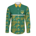 Australia Rugby Kangaroo Long Sleeve Button Shirt Green Gold Aboriginal Dot Geometry