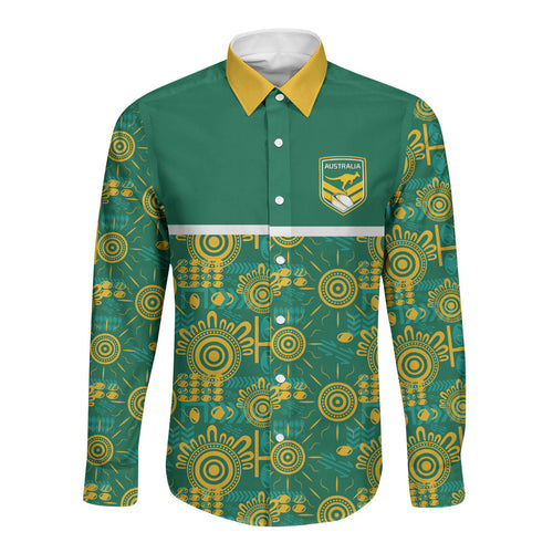 Australia Rugby Kangaroo Long Sleeve Button Shirt Green Gold Aboriginal Dot Geometry