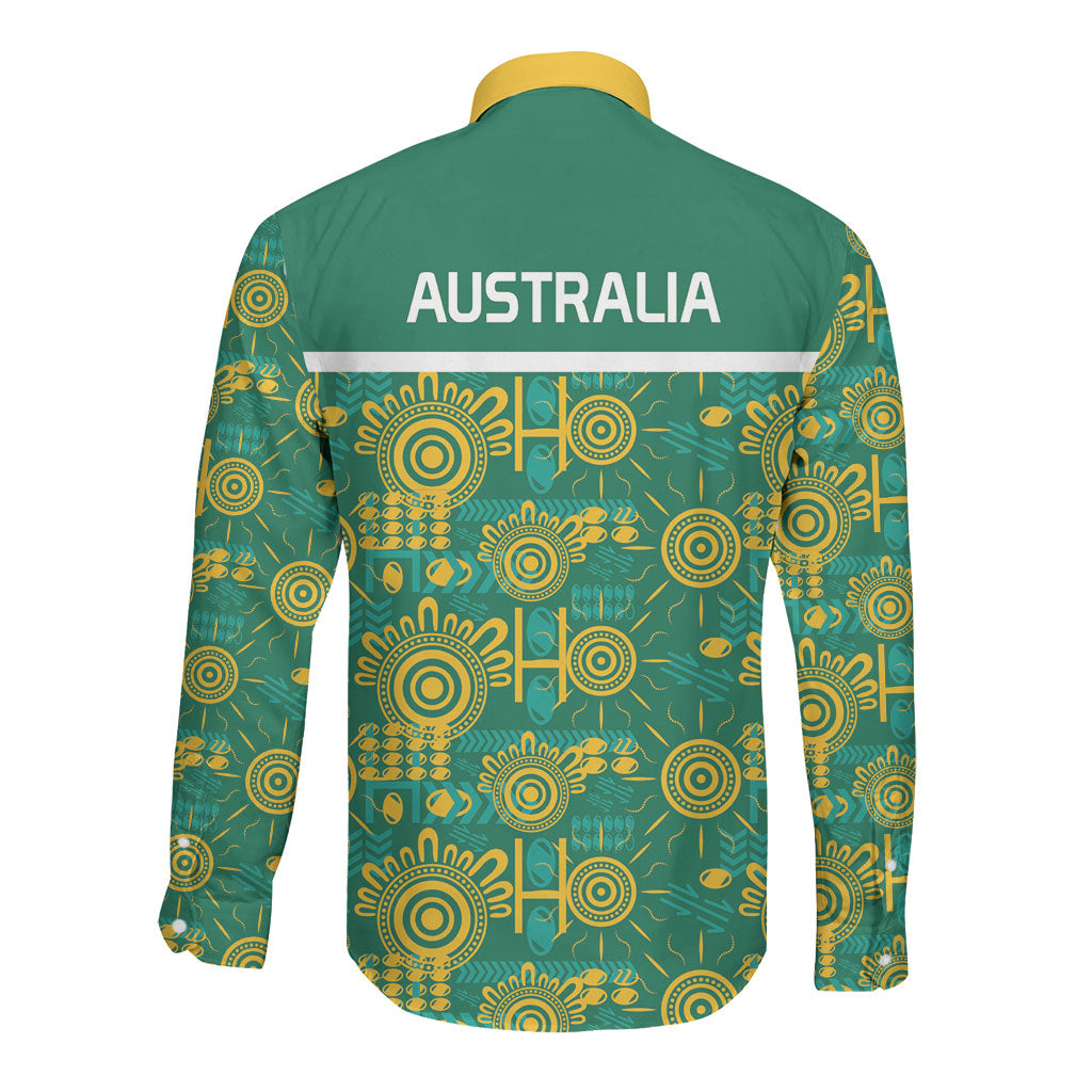 Australia Rugby Kangaroo Long Sleeve Button Shirt Green Gold Aboriginal Dot Geometry