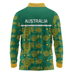 Australia Rugby Kangaroo Long Sleeve Polo Shirt Green Gold Aboriginal Dot Geometry