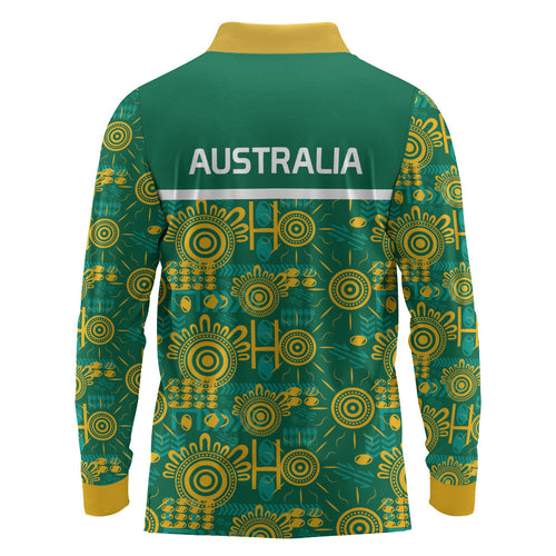 Australia Rugby Kangaroo Long Sleeve Polo Shirt Green Gold Aboriginal Dot Geometry