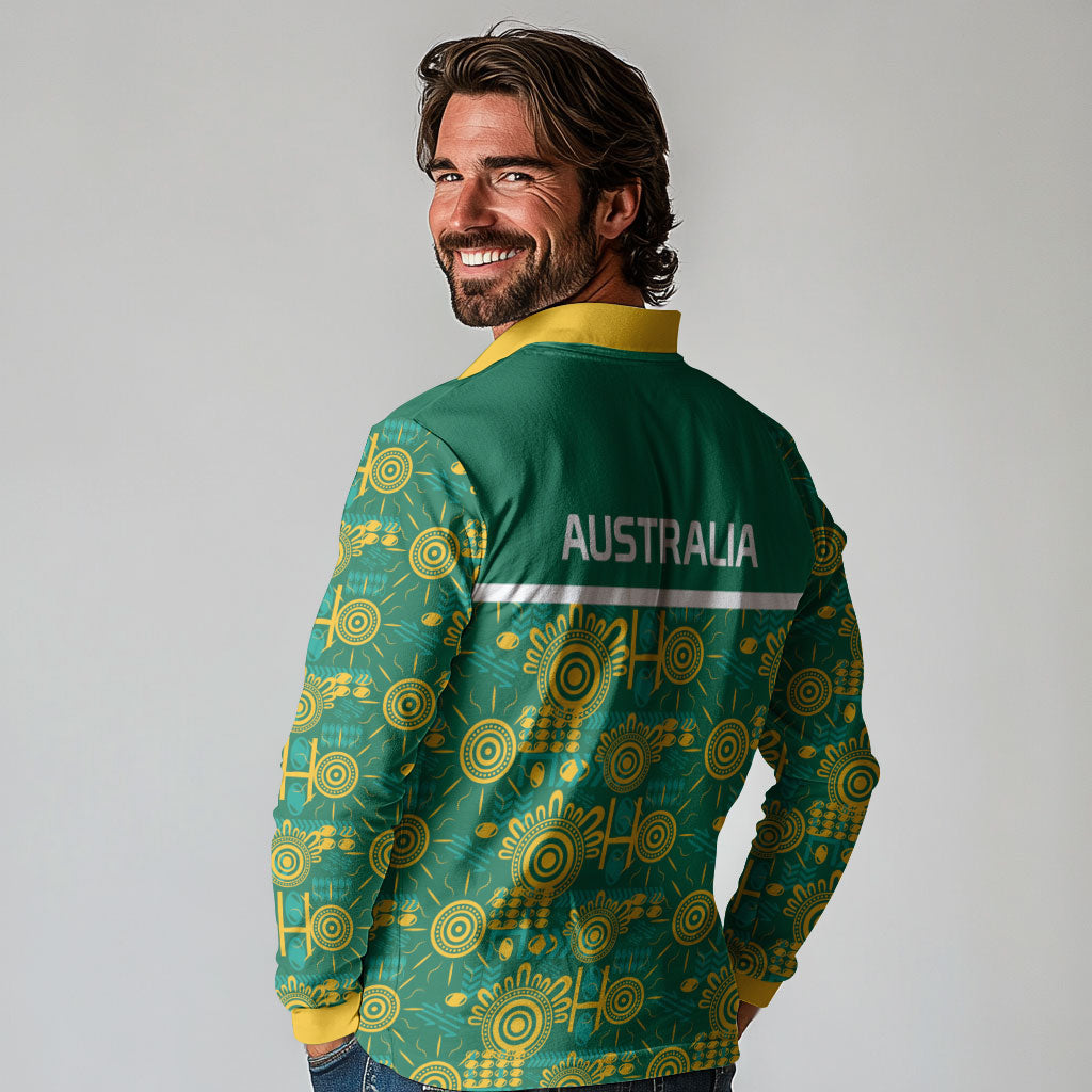 Australia Rugby Kangaroo Long Sleeve Polo Shirt Green Gold Aboriginal Dot Geometry
