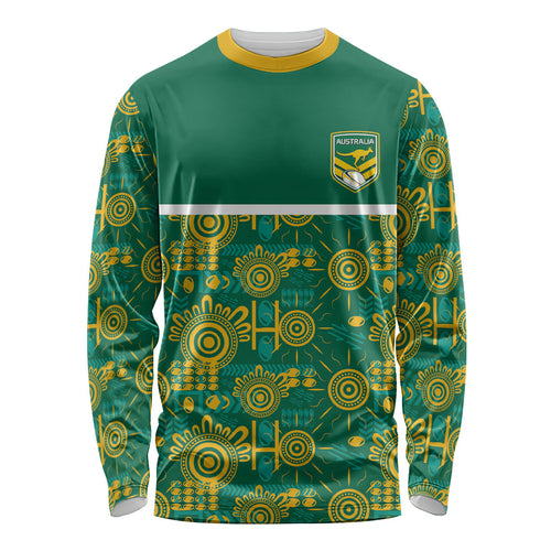 Australia Rugby Kangaroo Long Sleeve Shirt Green Gold Aboriginal Dot Geometry