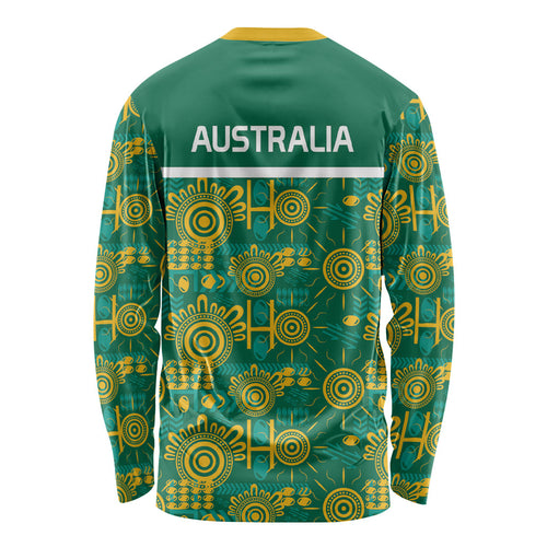 Australia Rugby Kangaroo Long Sleeve Shirt Green Gold Aboriginal Dot Geometry