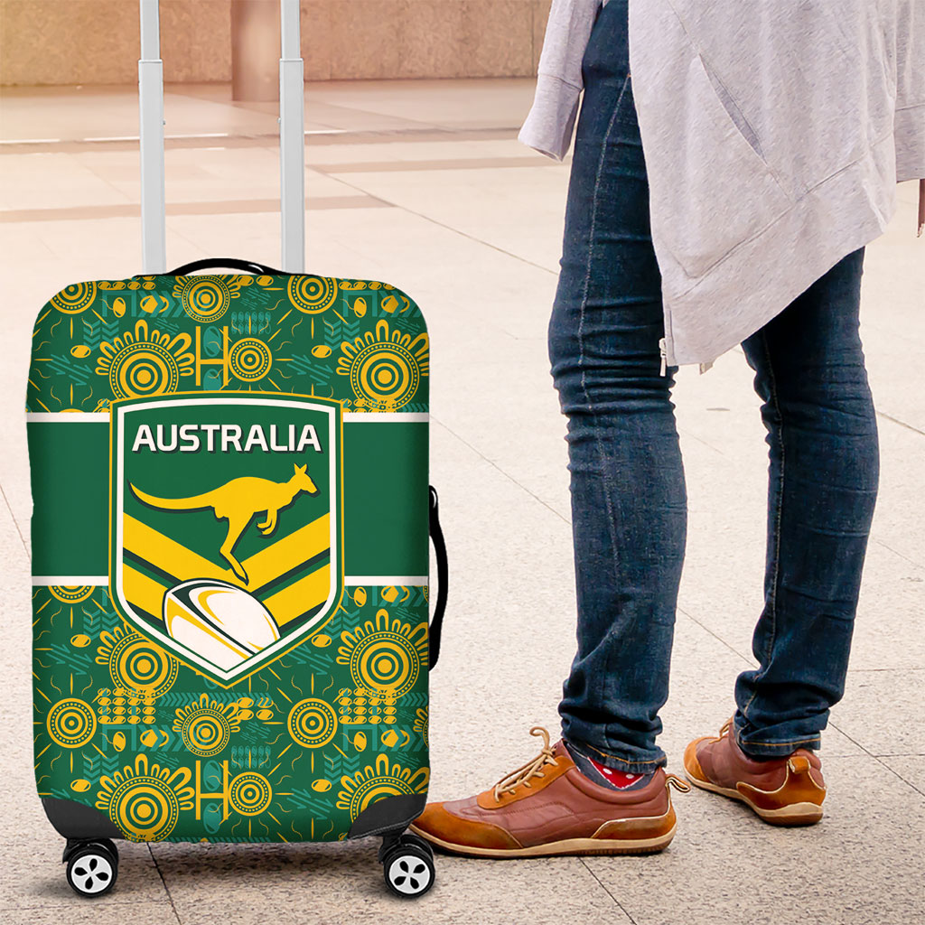 Australia Rugby Kangaroo Luggage Cover Green Gold Aboriginal Dot Geometry