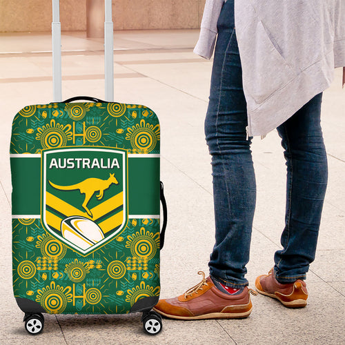 Australia Rugby Kangaroo Luggage Cover Green Gold Aboriginal Dot Geometry