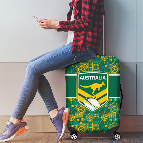 Australia Rugby Kangaroo Luggage Cover Green Gold Aboriginal Dot Geometry